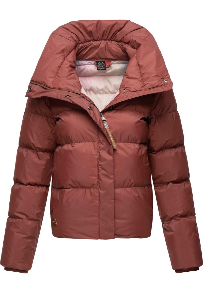 Giubbotto imbottito bordeaux con colletto alto, design imbottito, chiusura con zip e polsini a coste. Presenta un'etichetta in tessuto sull'orlo sinistro.