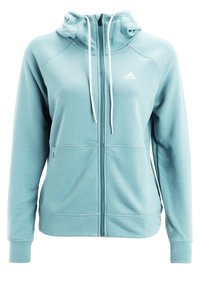 Sweat à capuche Adidas bleu clair à fermeture éclair complète avec cordons blancs, manches longues, poches avant et logo sur la poitrine gauche.