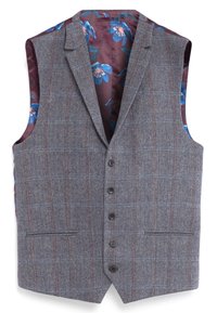 Heren gepaste mouwloze vest in grijs visgraatstof met subtiele rode en blauwe ruiten, voorzien van zwarte knopen en een bloemenvoering.