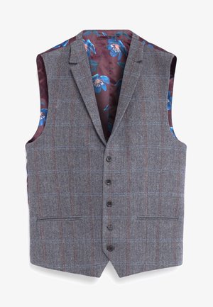 Gilet senza maniche su misura da uomo in tessuto grigio a spina di pesce con sottili quadri rossi e blu, dotato di bottoni neri e fodera interna floreale.