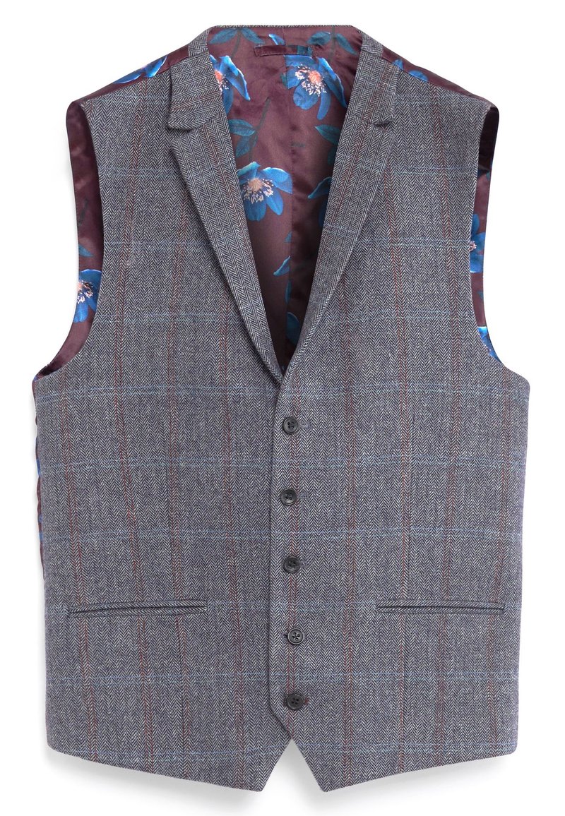 Heren gepaste mouwloze vest in grijs visgraatstof met subtiele rode en blauwe ruiten, voorzien van zwarte knopen en een bloemenvoering.