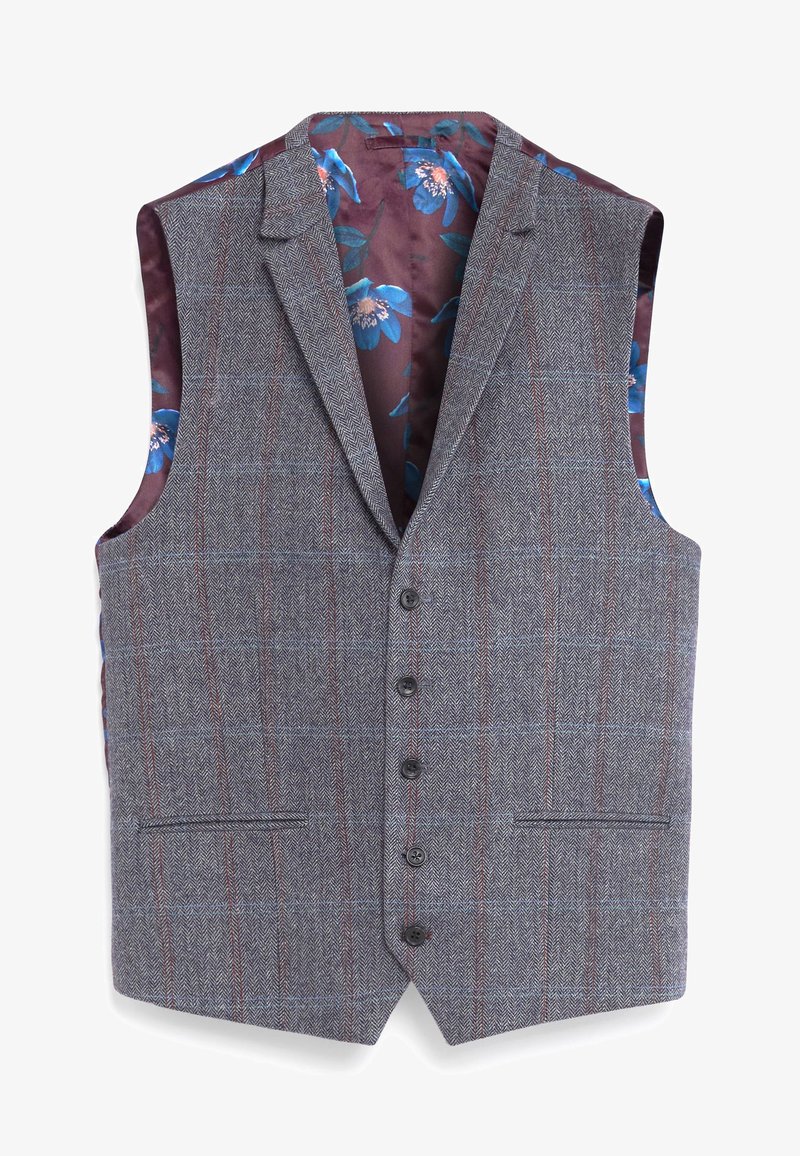 Heren gepaste mouwloze vest in grijs visgraatstof met subtiele rode en blauwe ruiten, voorzien van zwarte knopen en een bloemenvoering.