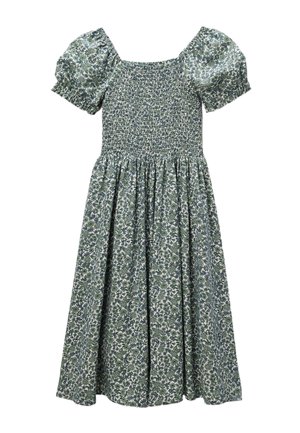 Robe midi florale verte et blanche avec corsage froncé, manches courtes bouffantes et jupe plissée.