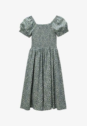 Robe midi florale verte et blanche avec corsage froncé, manches courtes bouffantes et jupe plissée.