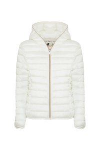 Giacca a vento bianca con cappuccio, caratterizzata da cuciture a righe orizzontali, una zip frontale e polsini elasticizzati per un maggiore comfort.