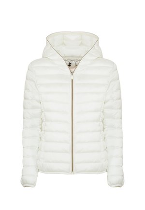 Giacca a vento bianca con cappuccio, caratterizzata da cuciture a righe orizzontali, una zip frontale e polsini elasticizzati per un maggiore comfort.