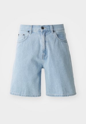Light blue denim shorts with a relaxed fit, five-pocket design, and a button fastening at the waist; raw hem at the legs.