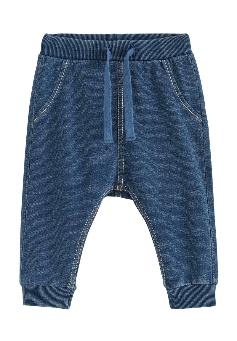 Joggingbyxor i jeanstil i mörkblått, med ribbad midja och muddar, justerbar dragsko och två sidofickor med kontrasterande sömmar.