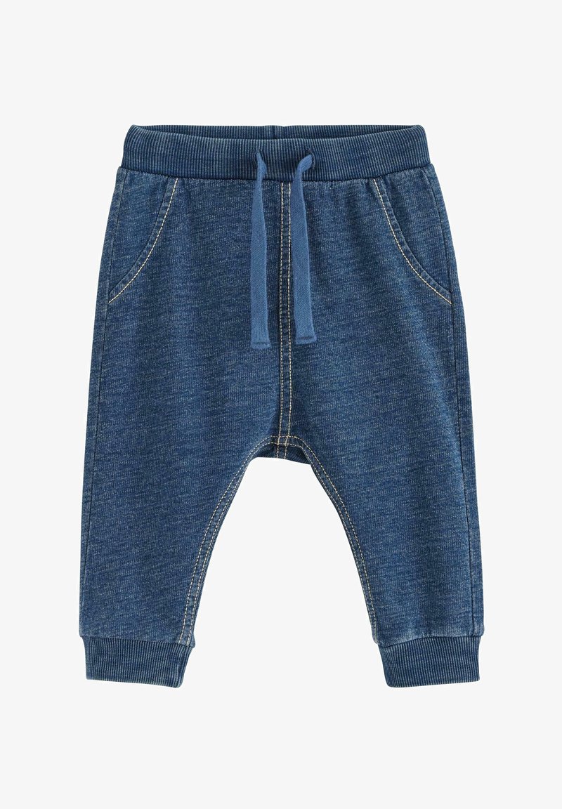 Sweatpants i denim-stil i mørkeblå, med ribbet talje og manchetter, justerbar snor og to sidelommer med kontrastsyning.