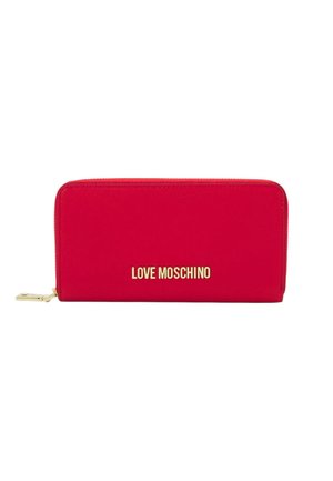 Red zip-around wallet with textured finish, featuring a gold logo "LOVE MOSCHINO" on the front. Smooth edges and zipper closure.