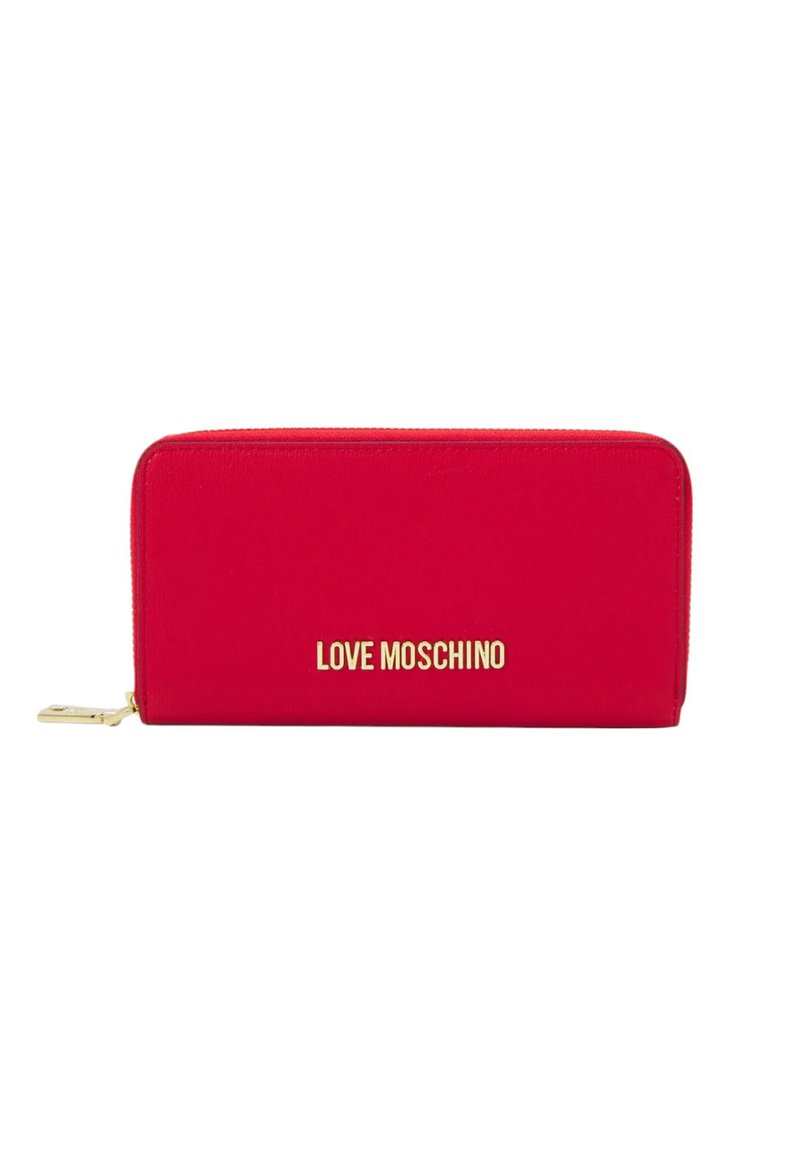 Portofel roșu cu fermoar, cu un finisaj texturat, având pe față un logo auriu "LOVE MOSCHINO". Margini netede și închidere cu fermoar.