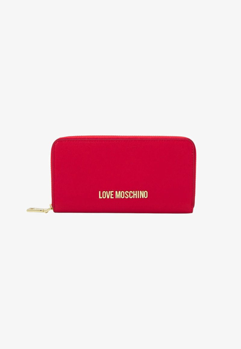Red zip-around wallet with textured finish, featuring a gold logo "LOVE MOSCHINO" on the front. Smooth edges and zipper closure.