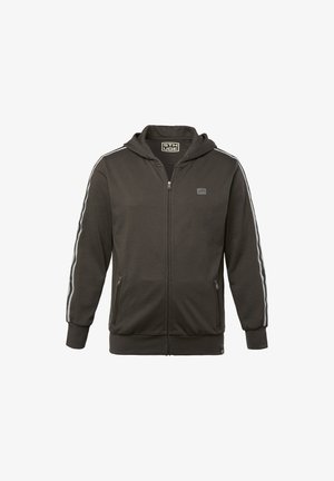 Haut à capuche zippé en mélange de coton gris foncé, avec deux poches avant, des poignets côtelés et des bandes latérales blanches contrastantes.