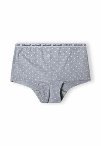 Boxer da uomo grigi in cotone con un motivo a pois bianchi, dotati di un cinturino con logo nero e due chiusure a bottoni nella parte anteriore.