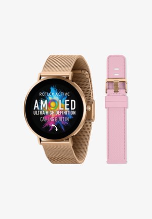 Montre connectée en or avec un écran AMOLED, un bracelet en maille et un bracelet en silicone rose interchangeable. Les caractéristiques incluent une haute définition et la fonction d'appel.