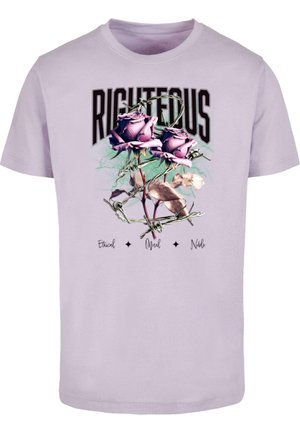 Lilac cotton t-shirt featuring a graphic design of pink roses interwoven with barbed wire, and the word "RIGHTEOUS" in bold black lettering.