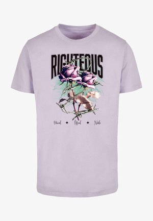 Lilac cotton t-shirt featuring a graphic design of pink roses interwoven with barbed wire, and the word "RIGHTEOUS" in bold black lettering.
