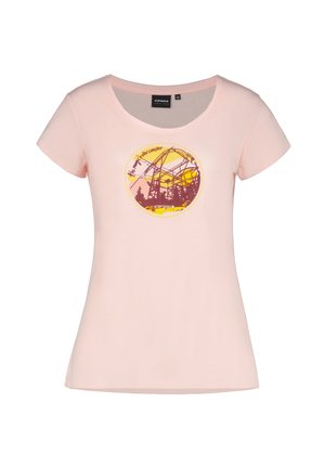 T-shirt à manches courtes de couleur rose clair, avec un design graphique rond représentant la silhouette d'une montagne russe. Tissu doux et lisse, coupe décontractée.