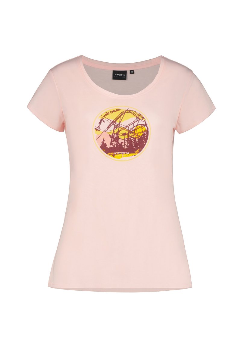 Ljust rosa t-shirt med kort ärm, med en rund grafisk design med en berg-och-dalbana silhuett. Mjukt, slätt tyg, avslappnad passform.
