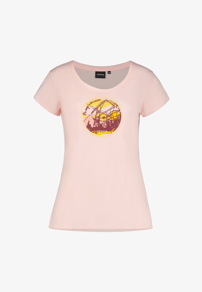 Ljust rosa t-shirt med kort ärm, med en rund grafisk design med en berg-och-dalbana silhuett. Mjukt, slätt tyg, avslappnad passform.
