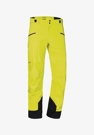 Pantalones impermeables de color amarillo brillante con acentos negros, que cuentan con un bolsillo con cremallera y una cinturilla con doble botón para un cierre seguro.