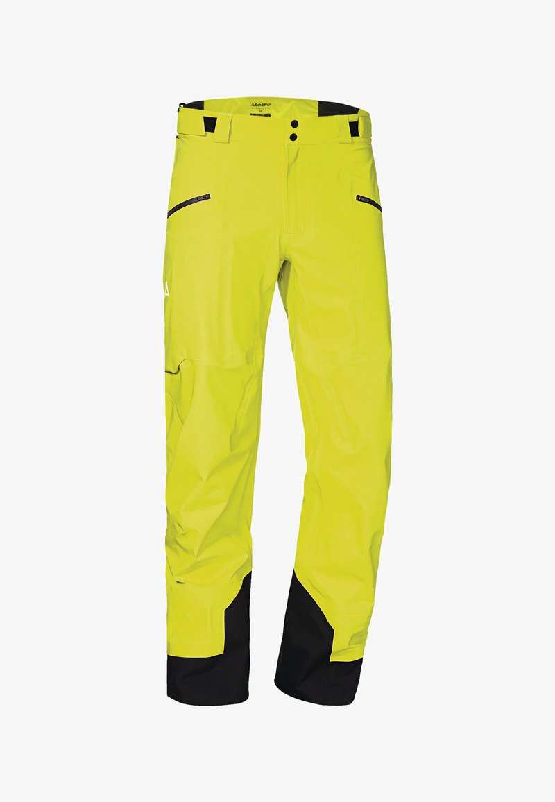Pantalones impermeables de color amarillo brillante con acentos negros, que cuentan con un bolsillo con cremallera y una cinturilla con doble botón para un cierre seguro.