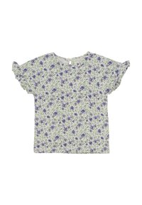 Kortærmet blomsterbluse med en lysegrøn baggrund og lilla samt blå blomster, flæser på ærmerne og en nøglehulsknaplukning bagpå.