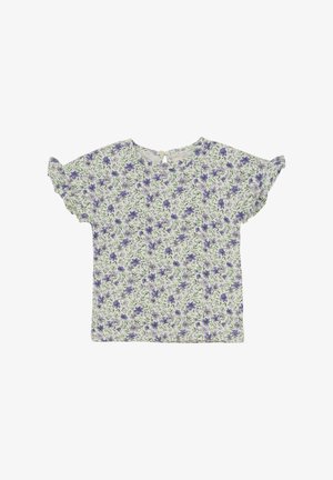Krótki rękaw bluzka w kwiaty z jasnoszarym tłem i fioletowymi oraz niebieskimi kwiatami, z falbaniastymi rękawami i zapięciem na guziki w kształcie łezki z tyłu.