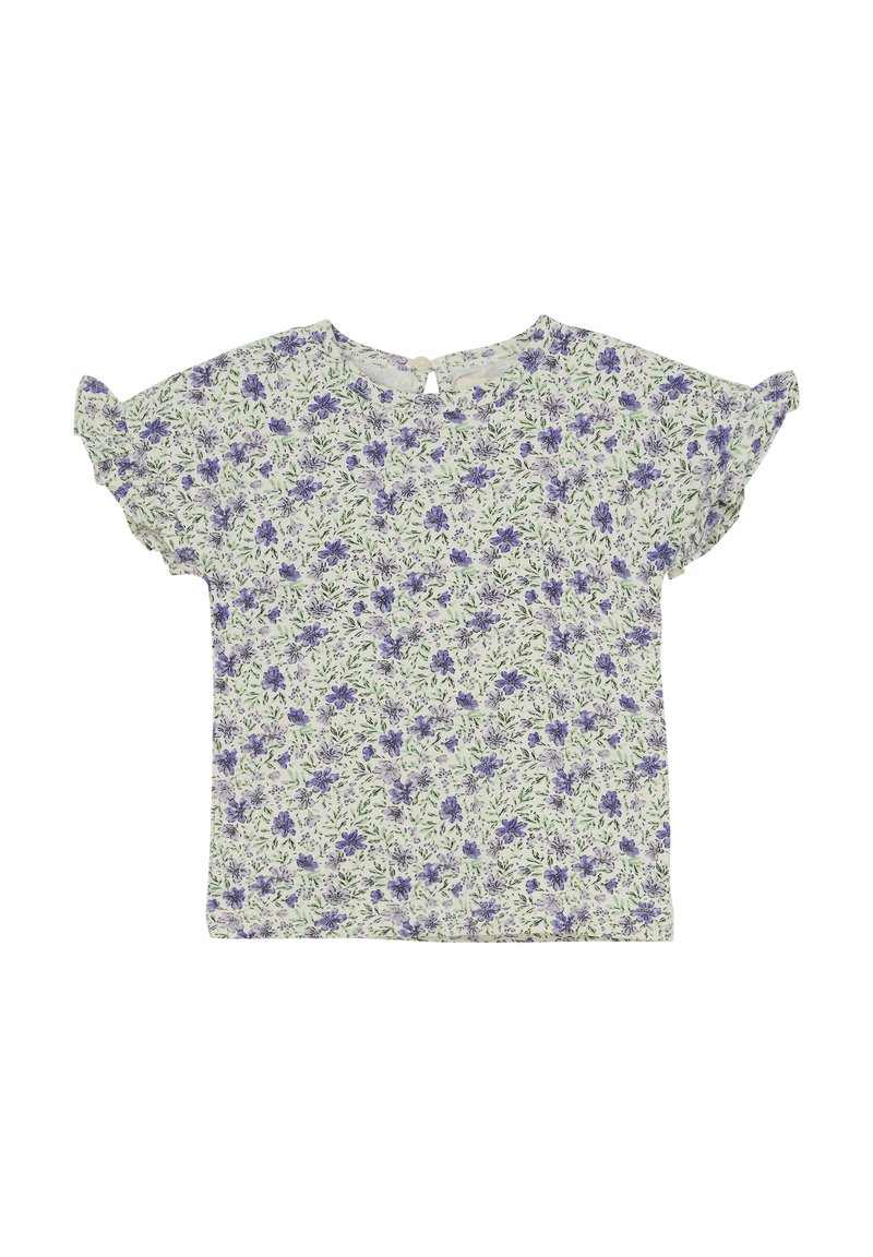 Kortærmet blomsterbluse med en lysegrøn baggrund og lilla samt blå blomster, flæser på ærmerne og en nøglehulsknaplukning bagpå.