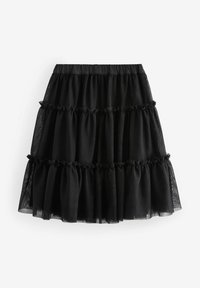 Jupe noire à volants avec des accents en froufrou, fabriquée en tissu léger. Elle dispose d'une taille élastique et d'une silhouette évasée.