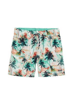Shorts de bain pour hommes avec un imprimé de palmiers multicolore, une taille élastique avec cordon de serrage et un tissu doux et léger.