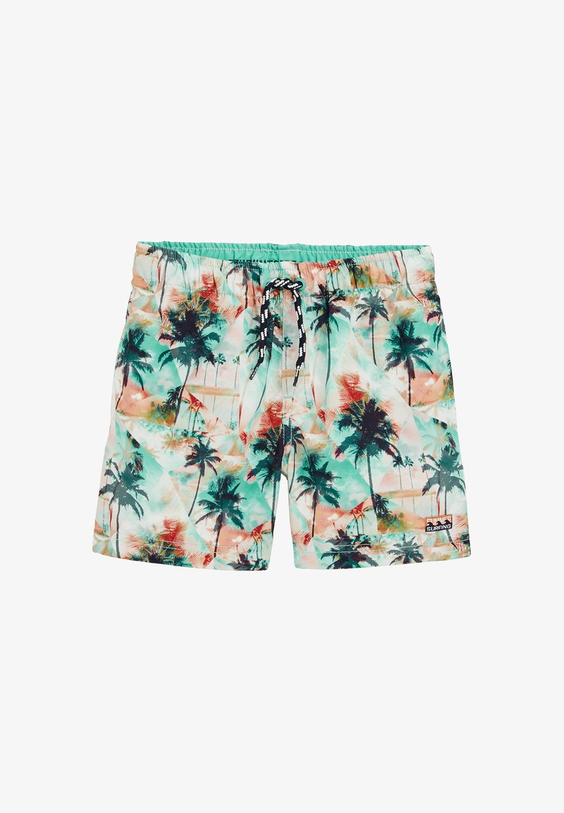 Vyriškos maudymosi šortai, kuriuose pavaizduoti spalvoti palmės medžiai, su elastingu juosmeniu ir šniūreliu, pagaminti iš švelnios, lengvos medžiagos.