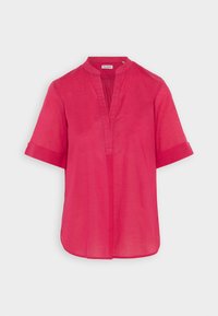Camicetta a manica corta di un vivace colore rosa, realizzata in tessuto di lino, con colletto alla cinese e mezze bottoni sul davanti. Maniche con risvolto e vestibilità relax.