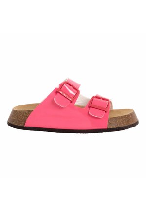 Sandalo sintetico rosa con due fibbie regolabili, soletta in sughero e suola strutturata. Design open-toe per traspirabilità.
