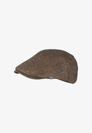 Brown tweed flat cap with subtle herringbone pattern and small metal button detail on the side.