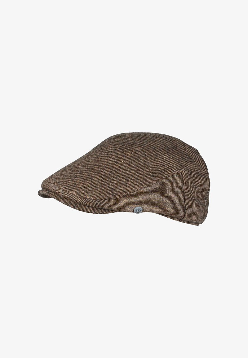 Brown tweed flat cap with subtle herringbone pattern and small metal button detail on the side.