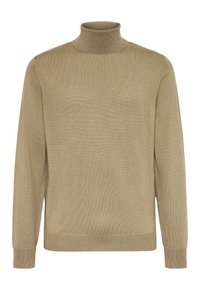 Beige turtleneck sweater made of ribbed knit fabric. Features long sleeves and a fitted neck with a smooth texture. No patterns or embellishments.
