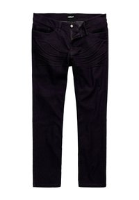 Jean en denim violet foncé avec cinq poches, une fermeture éclair et une coupe droite. Le tissu a une texture lisse et des coutures minimales visibles.
