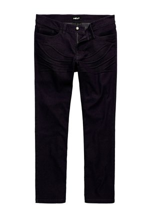 Tmavě fialové džíny z denimu s pěti kapsami, zipem a rovný střih nohavic. Materiál má hladkou texturu a minimálně viditelné švy.