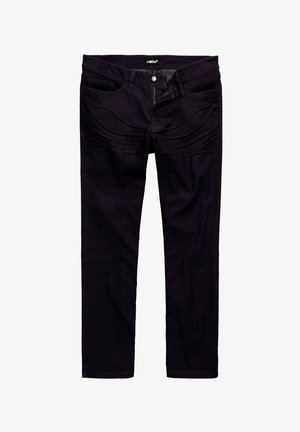 Mørk lilla denimjeans med fem lommer, lynlåslukning og lige ben. Stoffet har en glat overflade og minimal synlig syning.