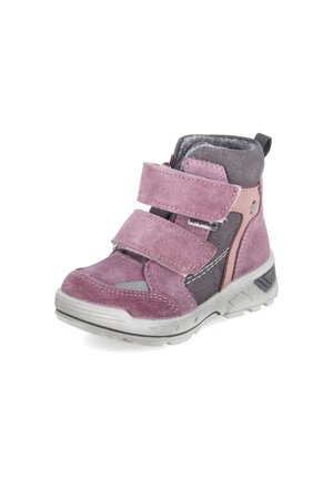 Child's purple and gray high-top sneaker with two wide Velcro straps and a white rubber sole on a white background.