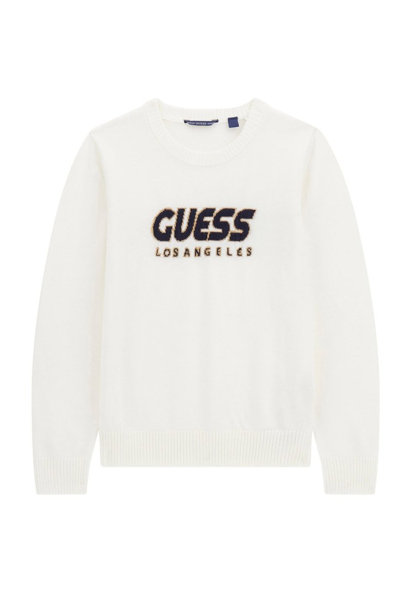 Valge svetter, millel on ribikud varrukad ja hem, esifoolil sinise ja pruuni tikandiga "GUESS LOS ANGELES" logo. Pehme tekstuur.