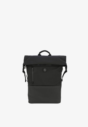 Black backpack featuring a textured top material, smooth bottom, zipper pocket, logo accent, and adjustable straps with a carry handle.