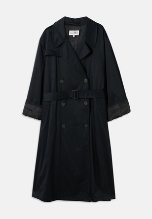 Black trench coat featuring a double-breasted design, wide lapels, belted waist, and contrasting satin cuffs. Smooth texture.