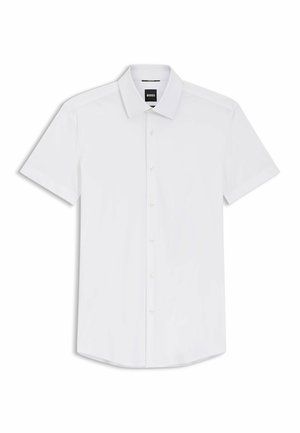 Camicia bianca a maniche corte con bottoni, colletto a punta e etichetta del marchio all'interno della scollatura.