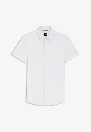 Camicia bianca a maniche corte con bottoni, colletto a punta e etichetta del marchio all'interno della scollatura.