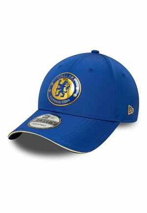 Blue adjustable baseball cap featuring Chelsea Football Club logo in gold and navy on front, with New Era brand logo on side.