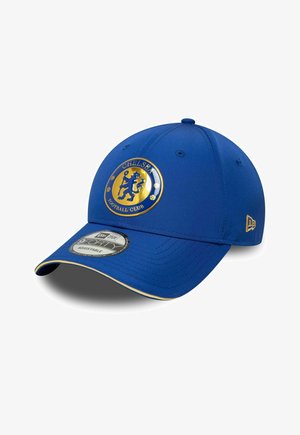 Blue adjustable baseball cap featuring Chelsea Football Club logo in gold and navy on front, with New Era brand logo on side.