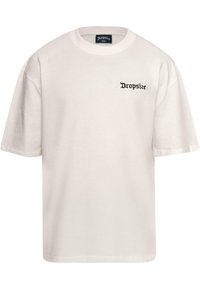 Tricou din bumbac de culoare crem, cu mâneci scurte, având un logo negru "Dropsize" pe partea stângă a pieptului. Design clasic cu gât în formă de cerc.