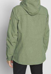 Green hooded jacket with a textured finish, featuring a straight cut, long sleeves, and accent detail on the shoulder.